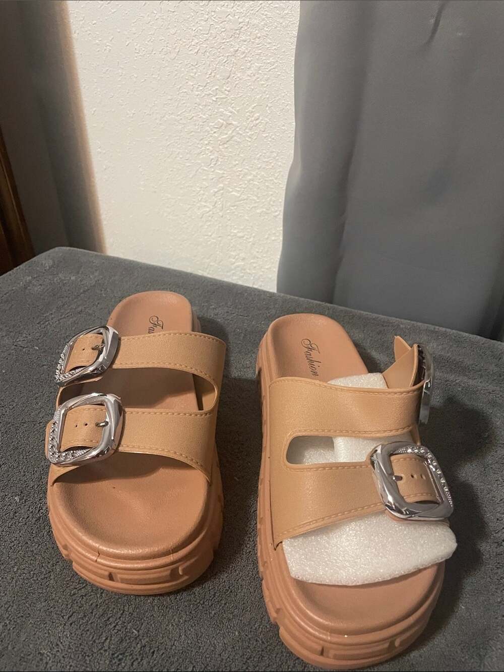 Women's Tan with Silver Dual-Buckle Slide Sandals with Chunky Sole NWOT